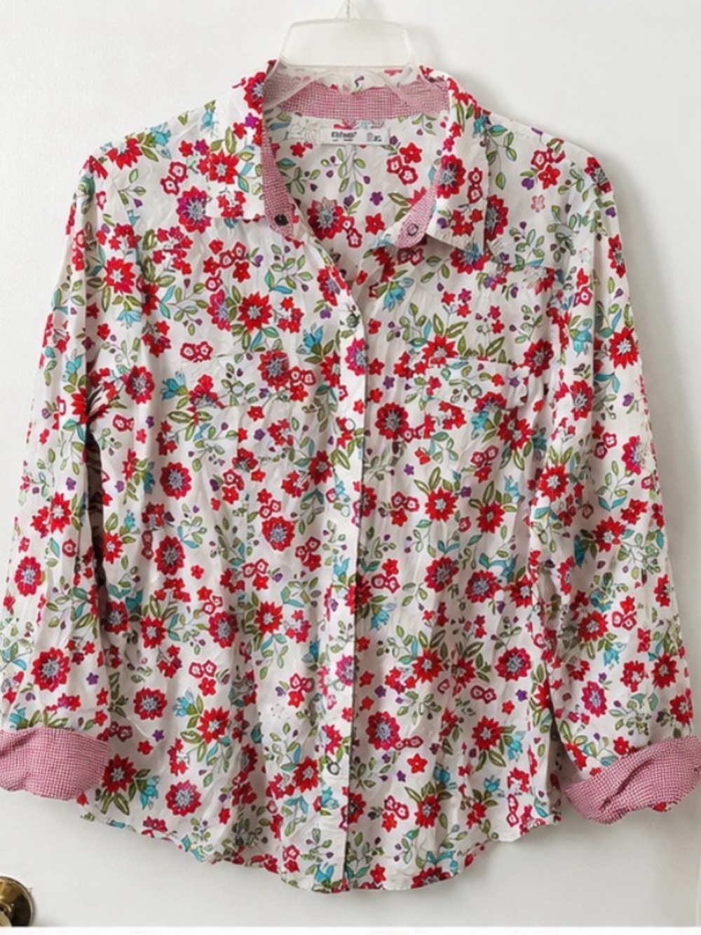 Old Navy White Floral Button-Up Shirt with Red and Purple Flowers